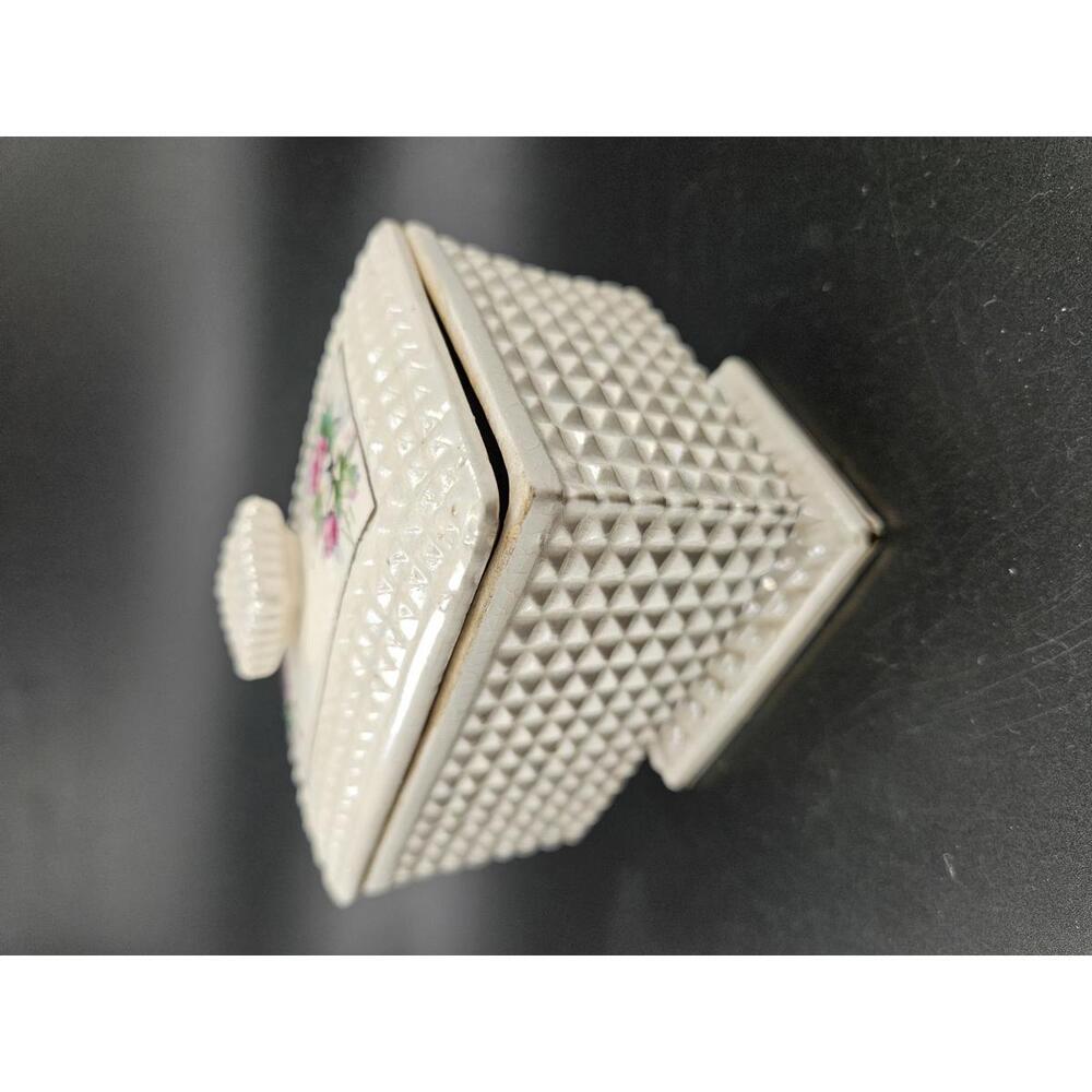 Mid Century Hollywood Regency Ivory & RosesPyramidal Hobnob Lidded Trinket Box - Picture 5 of 14